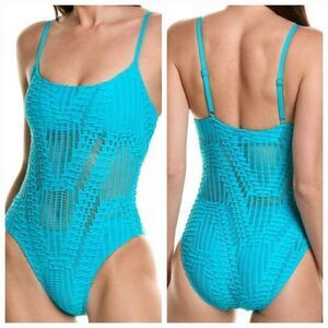 Carmen Marc Valvo Women's Capri Blue Scoop Neck One-Piece Swimsuit Size 14